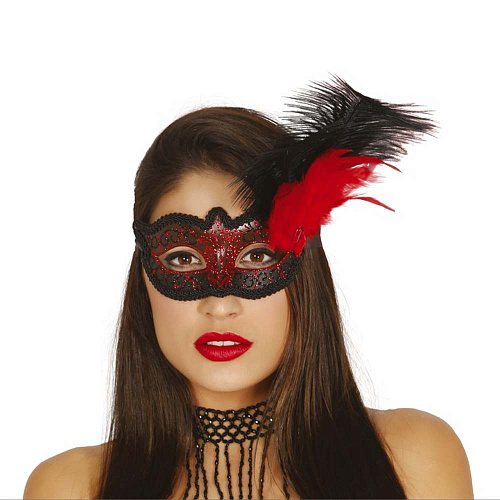 Черно-красная венецианская маска с перьями 